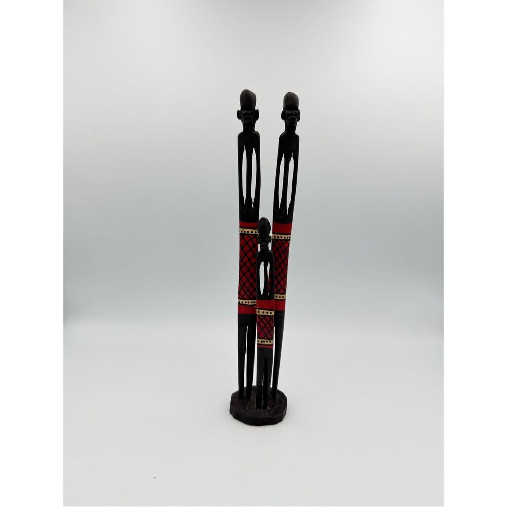 African Handmade Hand Carved Wood Tall Family Figurine Painted Tribal Decor Art